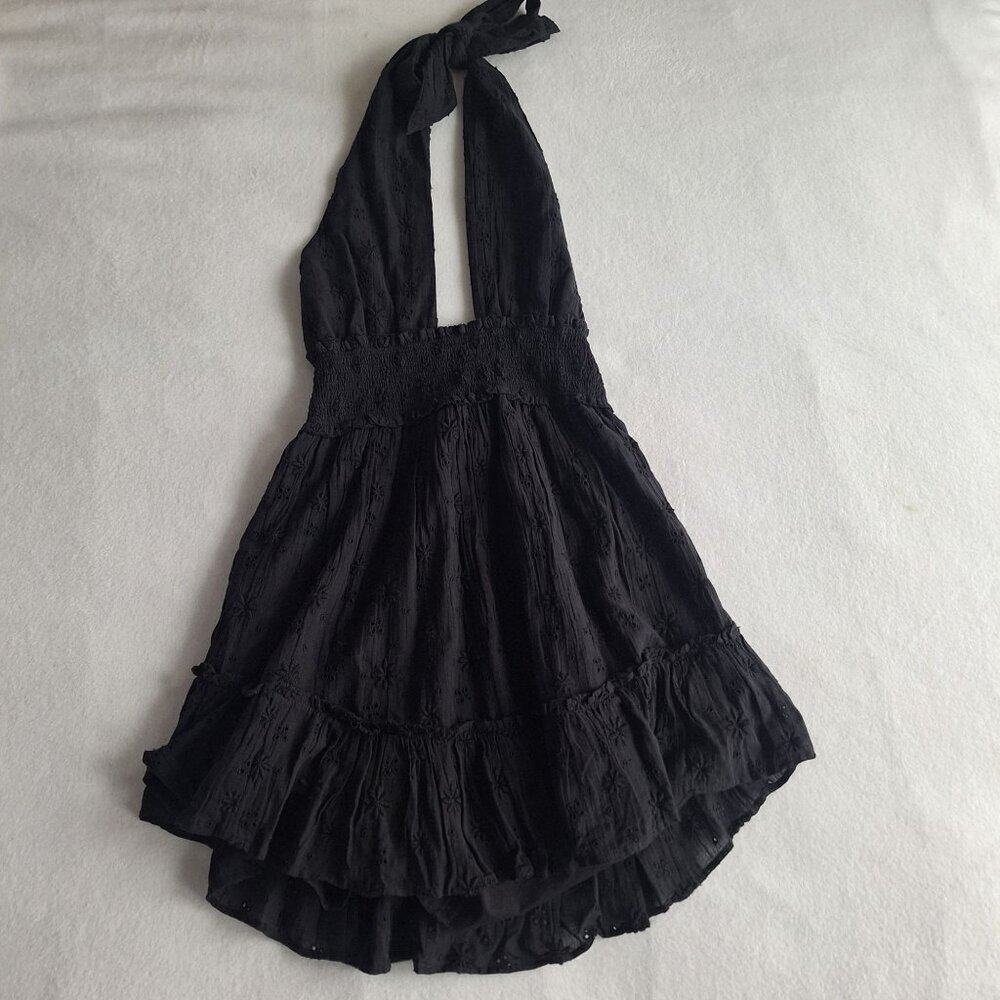 💙 Aerie Black Eyelet Open Back Lined Cotton Dress Size M Coquette Preppy Vacati